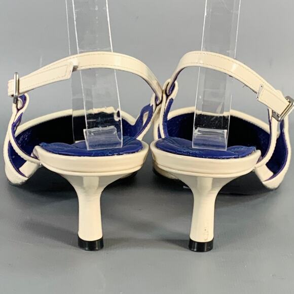 BURBERRY Size 7 Cream Patent Leather Perforated Kitten Heel Slingback Sandals - Picture 3 of 8